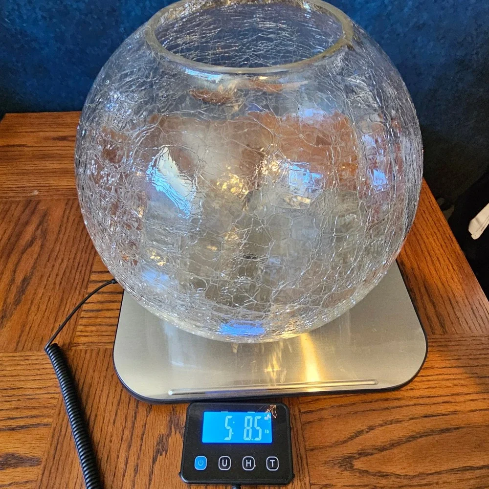 Vintage Handcrafted Clear Crackle Glass Rose Bowl Vase 12 inch Round Centerpiece